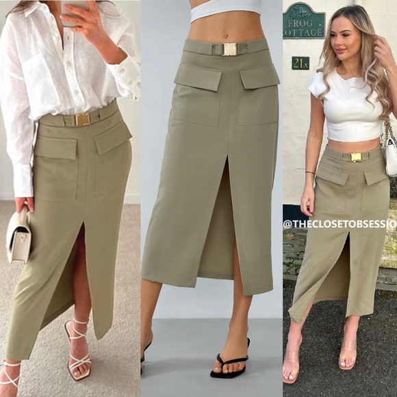Dresses & Skirts - Khaki green buckle flap pocket front cargo midi skirt with slit front hem